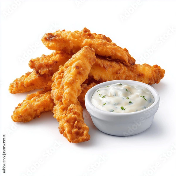 Obraz Fried chicken strips with ranch dip, isolated on white background, realistic shadow.

