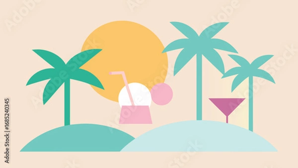 Fototapeta Minimalist Tropical Island Scene with Palm Trees and Cocktail beach