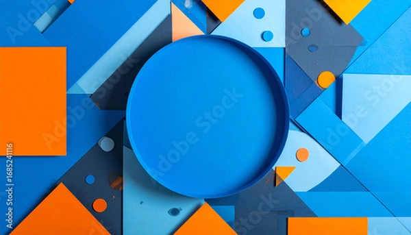 Fototapeta Abstract geometric composition with a central blue circle surrounded by various blue, orange, and gray shapes, creating a modern layered design.
