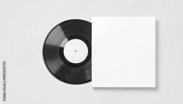 Fototapeta A black vinyl record partially removed from a blank white cardboard sleeve, resting on a clean white surface.