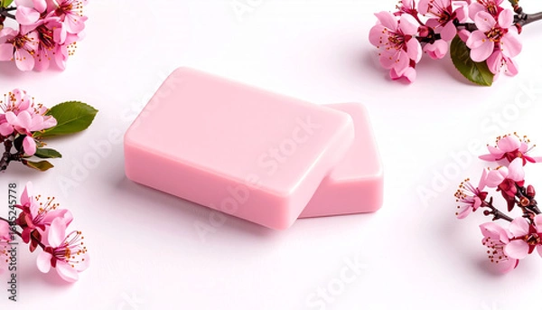Fototapeta Two pink bars of soap or lotion, elegantly arranged with delicate pink cherry blossoms on a pristine white background, evoking a sense of freshness and gentle care.