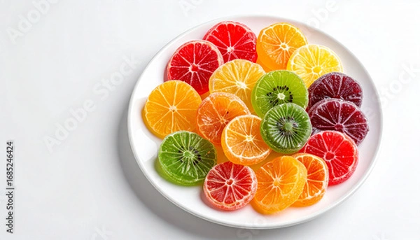 Fototapeta A vibrant assortment of colorful fruit-shaped jelly candies arranged neatly on a pristine white plate, showcasing various citrus and berry flavors.