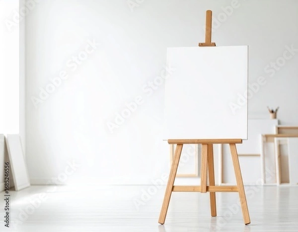 Fototapeta Bright art studio with blank canvas on easel ready for painting.