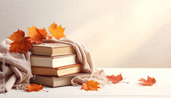 Fototapeta A cozy stack of books with a soft blanket and vibrant autumn leaves on a white surface, evoking a warm fall reading atmosphere.