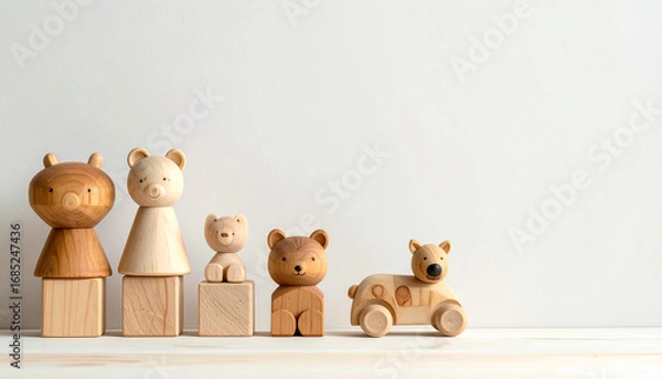 Fototapeta Collection of various wooden bear and animal figures on wooden blocks against a minimalist white background.
