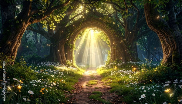 Fototapeta A magical forest path leading through an archway of ancient trees, bathed in ethereal sunlight and surrounded by glowing fireflies and wildflowers.