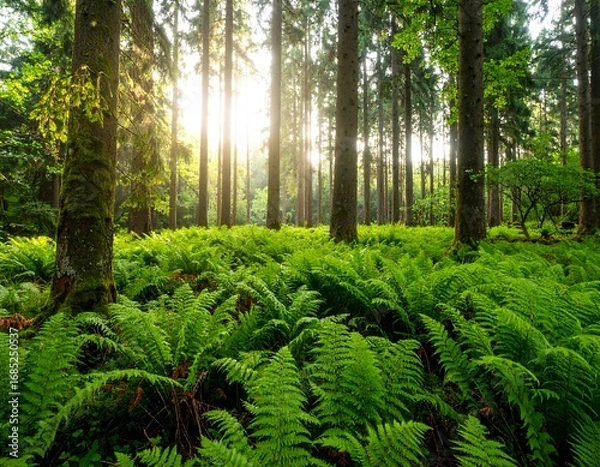 Fototapeta Lush forest floor with sunlight filtering through trees (1)