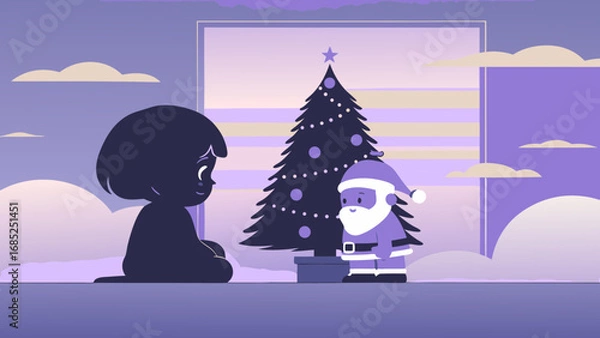 Obraz Child meeting toy Santa. Child sitting with Santa Claus by a Christmas tree indoors  