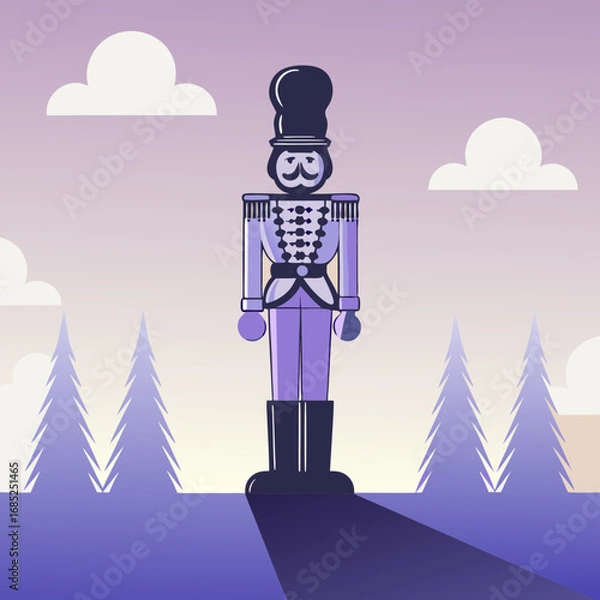 Obraz Decorative nutcracker figure. Nutcracker toy standing in winter landscape with pastel colors. Сhristmas toy soldier  