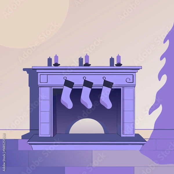 Obraz Fireplace with Christmas socks. Cozy fireplace with hanging stockings and candles in winter setting  