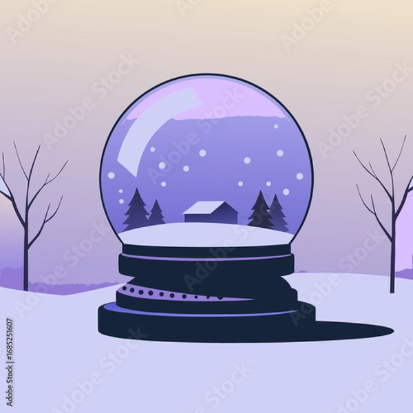 Obraz Ornament with snow inside. Snow globe with a winter scene featuring a house and pine trees  