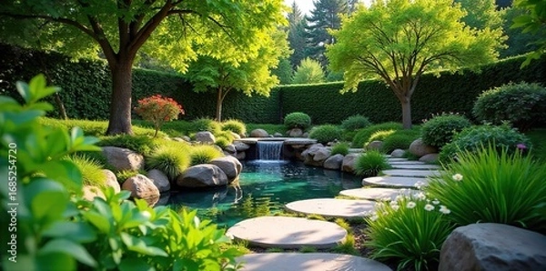 Fototapeta Serene backyard oasis featuring lush greenery, a winding stone path, and a tranquil water feature Perfect for relaxation and outdoor enjoyment , design, backyard