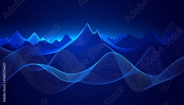 Fototapeta Abstract digital landscape of glowing mountains and waves