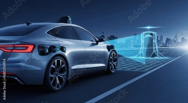 Fototapeta Modern Silver Autonomous Car with Smart Charging Station in Futuristic Cityscape