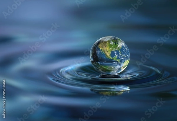 Fototapeta A globe reflects on water, creating ripples, symbolizing the Earth and its interconnectedness in a serene blue environment.