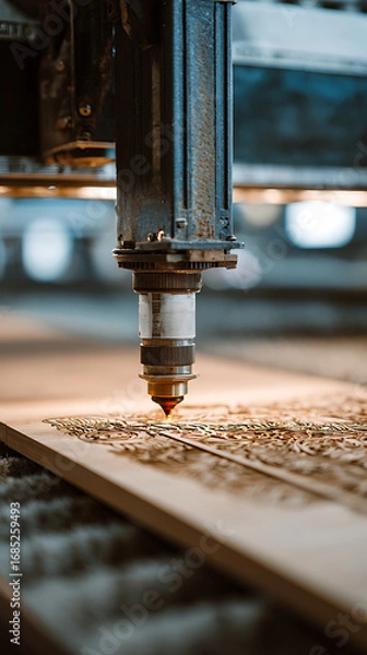 Fototapeta High-quality photo of laser cutting machine engraves wooden plank in factory. Automated process creates precise design on wood material. Modern tech in furniture industry. High.