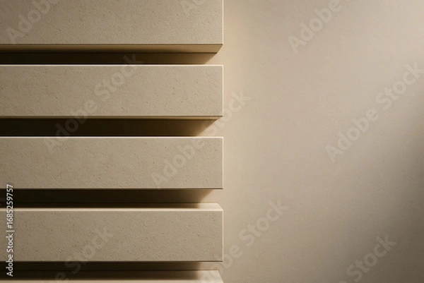 Fototapeta Minimalist beige wall with horizontal rectangular protrusions casting shadows, photographed in natural light, representing modern architectural design. Background concept for Interior Design