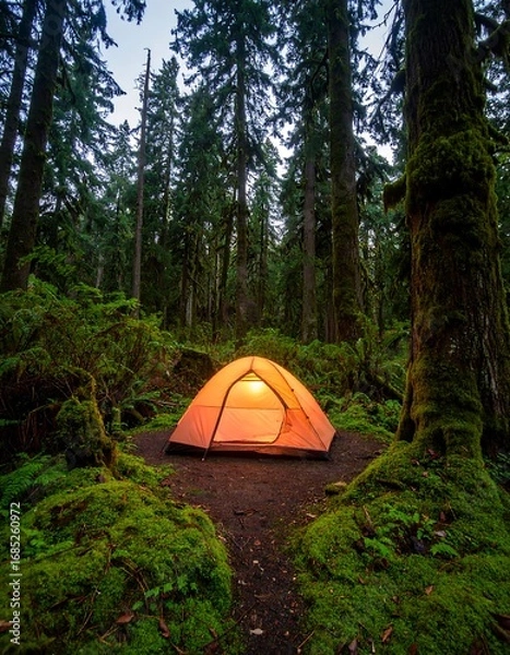 Fototapeta Illuminated tent nestled in a mossy forest