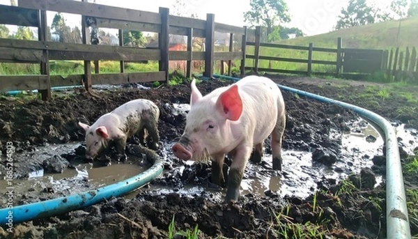 Fototapeta Two piglets playing in a muddy puddle