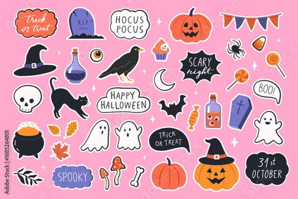 Fototapeta Halloween cute elements set pumpkins, ghosts, bat, tombstone, coffin, skull, candy, potion, bat, witch cauldron, black cat, bone, spider web, moon, cake etc. Cartoon flat stickers. Vector illustration