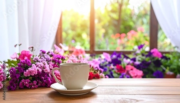 Fototapeta A cup of coffee sits on a wooden table, in front of a window with colorful flowers. Sunlight streams through the window