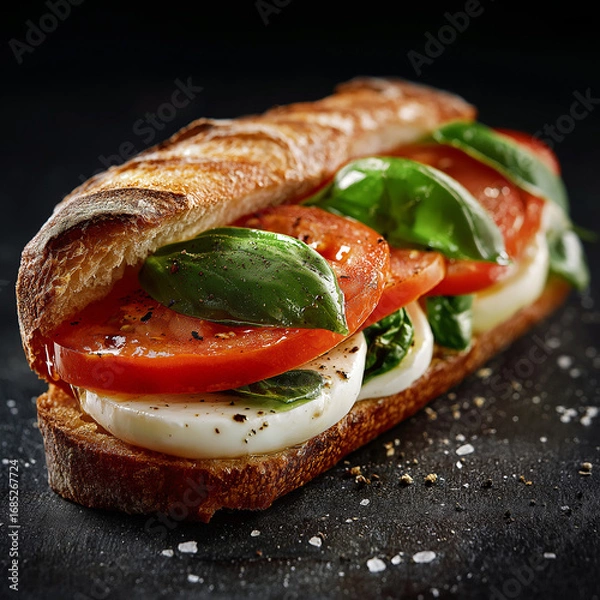 Obraz 9:16 aspect ratio, premium studio shot of a gourmet sandwich made with slices of fresh mozzarella (firm and creamy, not runny), layered with ripe tomato slices, fresh basil leaves, and a drizzle of ol