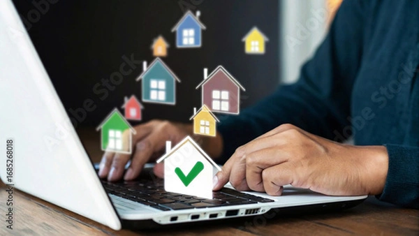 Fototapeta Finding your perfect home online, a person searches for properties on a laptop with colorful house icons floating around.