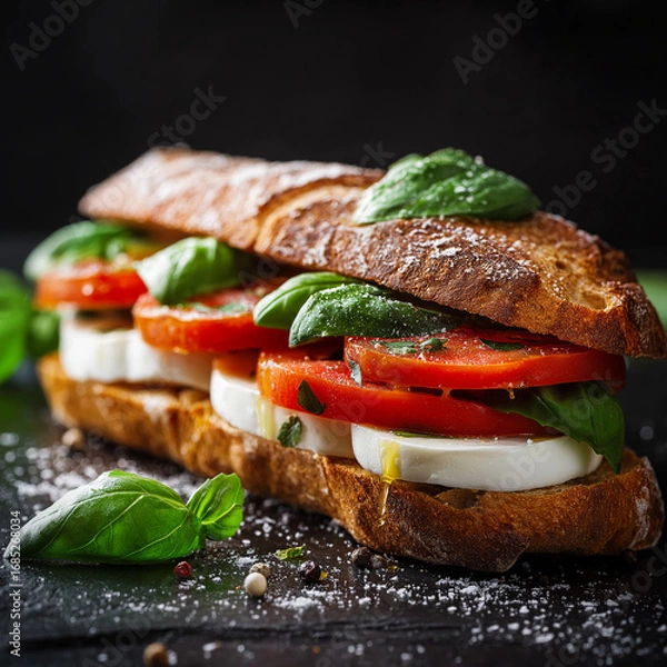 Obraz 9:16 aspect ratio, premium studio shot of a gourmet sandwich made with slices of fresh mozzarella (firm and creamy, not runny), layered with ripe tomato slices, fresh basil leaves, and a drizzle of ol