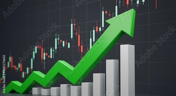 Fototapeta A rising green arrow superimposed on a stock market chart with candlesticks and bars indicating financial growth and positive trends.