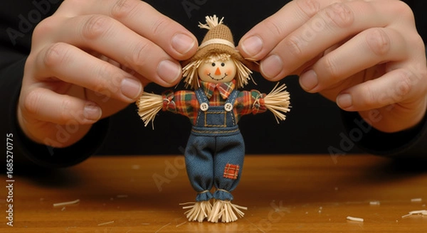 Fototapeta Large hands carefully adjust a charming, tiny scarecrow doll, made of straw and fabric, with a stitched smile and a classic flannel and denim outfit.