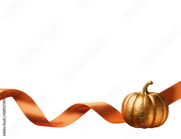 Fototapeta Halloween banner with golden pumpkin and orange satin ribbon isolated on transparent background in png format