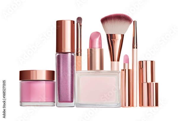 Fototapeta An elegant array of cosmetic products featuring vibrant pinks and sophisticated rose gold packaging isolated on a transparent background