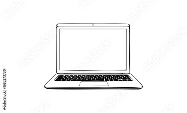 Fototapeta Minimalistic black and white sketch of a laptop with open screen. Vector retro hand drawn illustration