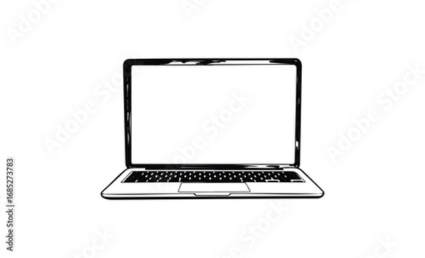 Fototapeta Minimalist black and white laptop design with open blank screen. Vector retro hand drawn illustration