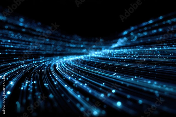 Fototapeta Blue glowing fiber optic cables create dynamic futuristic digital data flow with sparkling light dots on black background