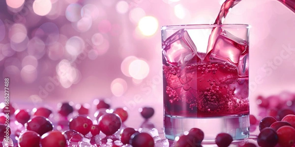 Fototapeta Refreshing drink being poured over ice with vibrant berries and a soft pink background