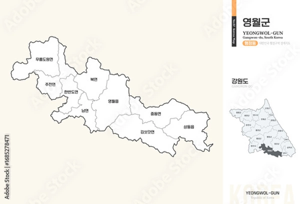 Obraz 강원도 영월군 행정동 윤곽선 지도