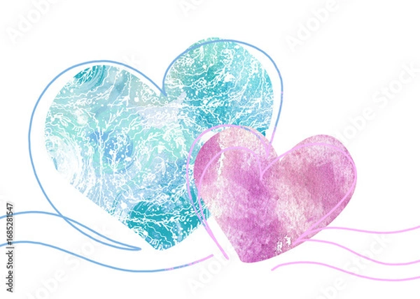 Fototapeta A pair of charming watercolor hearts, unique creative design. Two hearts on a white background, elegant illustration, sticker in pastel colors