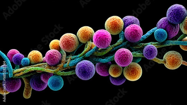 Fototapeta Candida fungi, generative ai illustration showing budding yeast cells and pseudohyphae, opportunistic pathogens causing oral thrush, vaginitis, and systemic infections