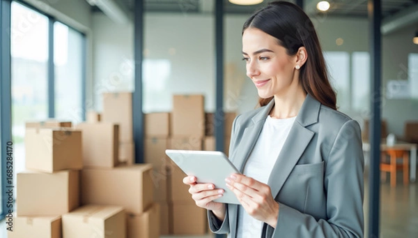 Fototapeta a female manager with a tablet side view against a background of cardboard boxes