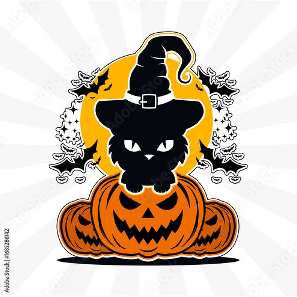 Fototapeta Halloween witch cat on pumpkins vector design. Spooky black cat with hat a glowing moon and surrounded by bats and stars. Halloween scary black cat. Halloween Black cat silhouette in white background.