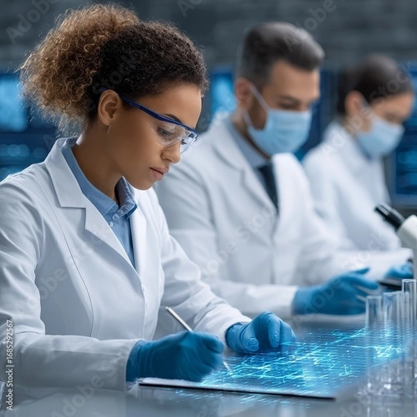Fototapeta Innovative biotech lab research in pharma scientists collaborating on graphic data analysis for breakthroughs