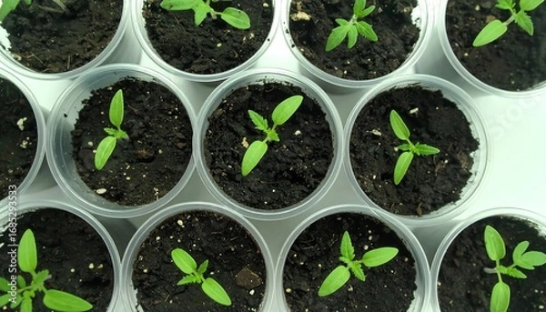 Obraz Small tomato seedlings in plastic pots