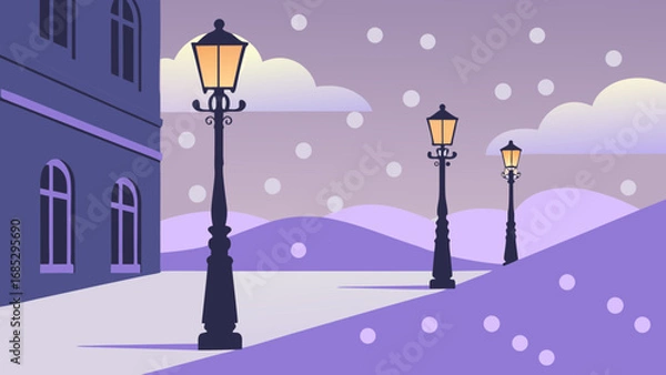 Obraz Snowy street with lanterns. Winter scene with lamp posts and falling snow at dusk  