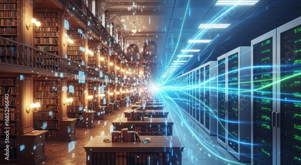 Fototapeta Classic library with books shows futuristic transformation into modern digital data center, conceptual look at evolution of information, knowledge, and technology