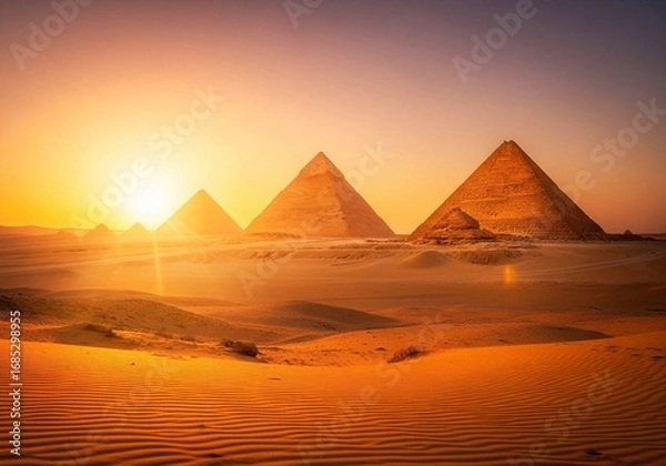 Fototapeta Golden Egyptian Pyramid, Desert Glow, for wallpaper, digital painting, background, print design, metal poster, print canvas 