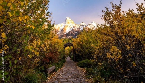 Fototapeta Autumnal mountain path through a vibrant forest archway