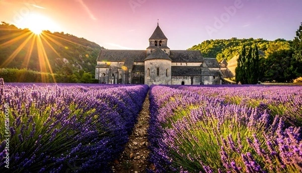 Fototapeta Lavender field with ancient abbey at sunrise