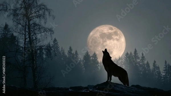 Obraz A wolf howling under a full moon with dark forest silhouette, dramatic scene