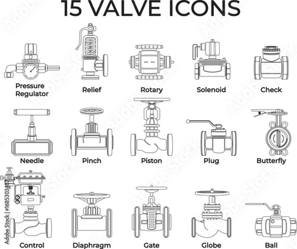 Fototapeta Valve icons vector set including pressure regulator, relief, rotary, solenoid, check, needle, pinch, piston, plug, butterfly, control, diaphragm, gate, globe, and ball valves for engineering design.